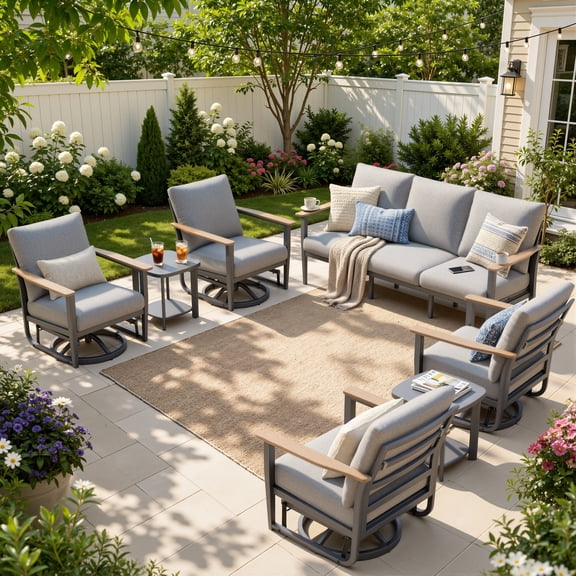 Muphyers 7 Pieces Aluminum Patio Furniture Set, 360° Swivel Rocker Chairs, 3.3" Wide Armrests Patio Conversation Sets, 5.1" Washable Cushions Outdoor Couch for Backyard, Deck, Poolside,Gray