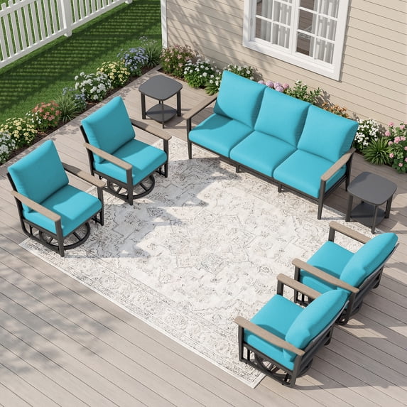 Muphyers 7 Pieces Aluminum Patio Furniture Set, 360° Swivel Rocker Chairs, 3.3" Wide Armrests Patio Conversation Sets, 5.1" Washable Cushions Outdoor Couch for Backyard, Deck, Poolside,Turquoise