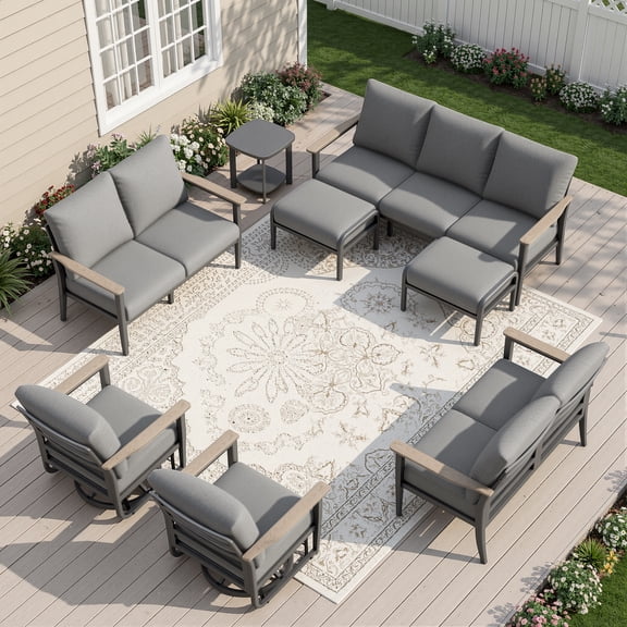 Muphyers 8 Piece Aluminum Patio Furniture Set, All Weather Patio Conversation Sets, Swivel Rocking Chairs and Ottomans, 5.1" Cushions Outdoor Couch for Porch, Garden, Backyard, Deck,Gray