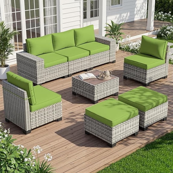 Muphyers 8 Piece Outdoor Patio Furniture Set, All Weather Rattan Sectional Sofa with Multi‑Use Ottomans, Outdoor Conversation Set with Wood Table for Backyard Garden Poolside Deck,Grass Green