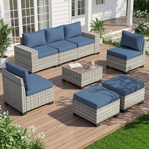 Muphyers 8 Piece All Weather Outdoor Furniture Set, Wicker Rattan Patio Sectional Sofa, Modular Conversation Set with Multi‑Functional Ottomans Wood Table for Backyard Garden Poolside Deck,Navy Blue
