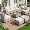 thumbnail image 1 of Muphyers 8 Piece All Weather Outdoor Furniture Set, Wicker Rattan Patio Sectional Sofa, Modular Conversation Set with Multi‑Functional Ottomans Wood Table for Backyard Garden Poolside Deck,Off-White, 1 of 6