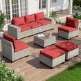 thumbnail image 1 of Muphyers 8 Piece All Weather Outdoor Furniture Set, Wicker Rattan Patio Sectional Sofa, Modular Conversation Set with Multi‑Functional Ottomans Wood Table for Backyard Garden Poolside Deck,Red, 1 of 4