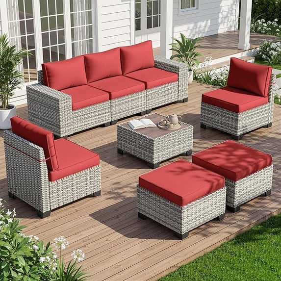 Muphyers 8 Piece All Weather Outdoor Furniture Set, Wicker Rattan Patio Sectional Sofa, Modular Conversation Set with Multi‑Functional Ottomans Wood Table for Backyard Garden Poolside Deck,Red