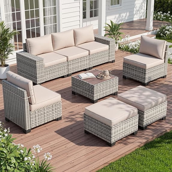 Muphyers 8 Piece All Weather Outdoor Furniture Set, Wicker Rattan Patio Sectional Sofa, Modular Conversation Set with Multi‑Functional Ottomans Wood Table for Backyard Garden Poolside Deck,Beige