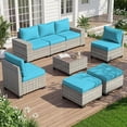 thumbnail image 1 of Muphyers 8 Piece All Weather Outdoor Furniture Set, Wicker Rattan Patio Sectional Sofa, Modular Conversation Set with Multi‑Functional Ottomans Wood Table for Backyard Garden Poolside Deck,Turquoise, 1 of 6