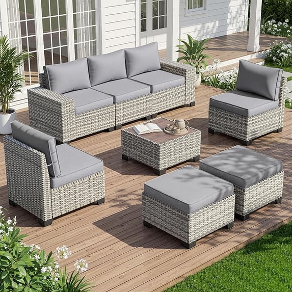 Muphyers 8 Piece All Weather Outdoor Furniture Set, Wicker Rattan Patio Sectional Sofa, Modular Conversation Set with Multi‑Functional Ottomans Wood Table for Backyard Garden Poolside Deck,Gray