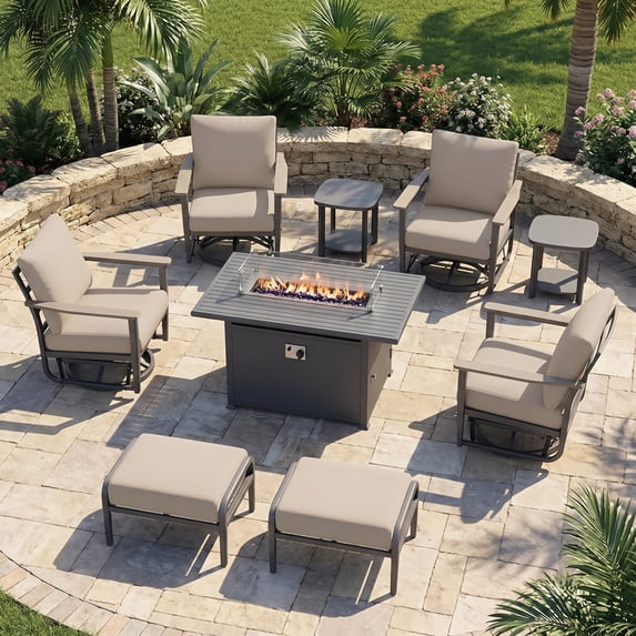 Muphyers 9 Pcs Aluminum Swivel Rocking Chair Set, Patio Furniture Set with 55000 BTU 2-in-1 Fire Pit Table, Ottoman, 5.1" Thick Cushion Outdoor Conversation Set for Deck Porch Poolside,Khaki
