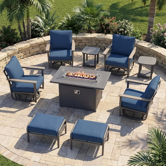 Muphyers 9 Pcs Aluminum Swivel Rocking Chair Set, Patio Furniture Set with 55000 BTU 2-in-1 Fire Pit Table, Ottoman, 5.1" Thick Cushion Outdoor Conversation Set for Deck Porch Poolside,Navy Blue