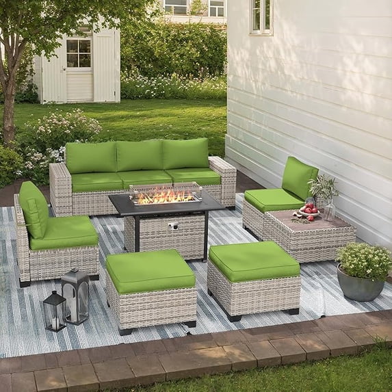 Muphyers 9 Pcs Patio Furniture Set, 55000BTU CSA Propane Fire Pit Table & Ottoman, Double-Strand Rattan Sectional Sofa with 4" Cushions, All-Weather Conversation Set for Backyard Patio,Grass Green