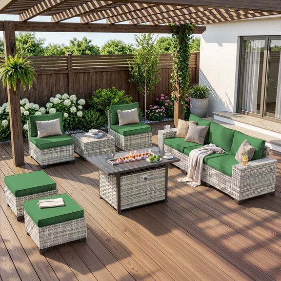 Muphyers 9 Pcs Patio Furniture Set, 55000BTU CSA Propane Fire Pit Table & Ottoman, Double-Strand Rattan Sectional Sofa with 4" Cushions, All-Weather Conversation Set for Backyard Patio,Dark Green