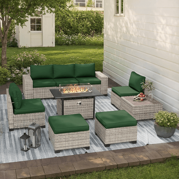 Muphyers 9 Pcs Patio Furniture Set, 55000BTU CSA Propane Fire Pit Table & Ottoman, Double-Strand Rattan Sectional Sofa with 4" Cushions, All-Weather Conversation Set for Backyard Patio,Dark Green