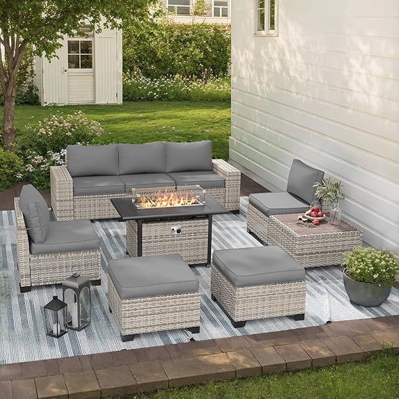 Muphyers 9 Pcs Patio Furniture Set with 55000BTU Propane Fire Pit Outdoor Rattan Sectional Sofa Set, Ottoman, Modular Wicker Patio Conversation Set, 4" Waterproof Cushions for Porch Balcony,Gray