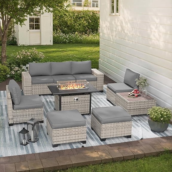 Muphyers 9 Pcs Patio Furniture Set with 55000BTU Propane Fire Pit Outdoor Rattan Sectional Sofa Set, Ottoman, Modular Wicker Patio Conversation Set, 4" Waterproof Cushions for Porch Balcony,Gray