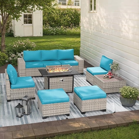 Muphyers 9 Pcs Patio Furniture Set with 55000BTU Propane Fire Pit Outdoor Rattan Sectional Sofa Set, Ottoman, Modular Wicker Patio Conversation Set, 4" Waterproof Cushions for Porch Balcony,Turquoise