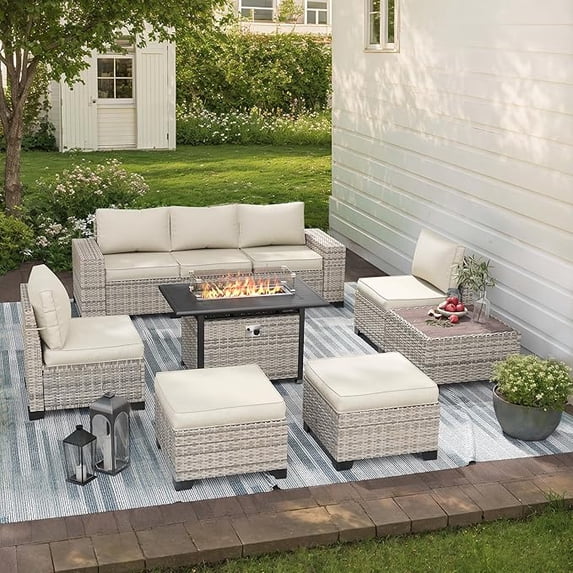 Muphyers 9 Pcs Patio Furniture Set with 55000BTU Propane Fire Pit Outdoor Rattan Sectional Sofa Set, Ottoman, Modular Wicker Patio Conversation Set, 4" Waterproof Cushions for Porch Balcony,Off-White