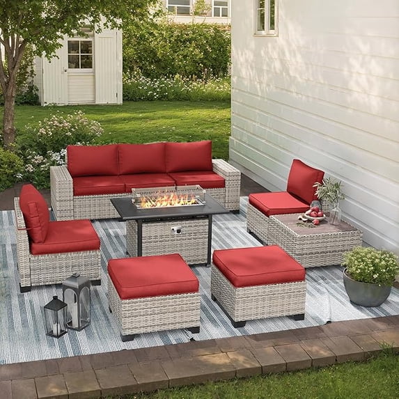 Muphyers 9 Pcs Patio Furniture Set with 55000BTU Propane Fire Pit Outdoor Rattan Sectional Sofa Set, Ottoman, Modular Wicker Patio Conversation Set, 4" Waterproof Cushions for Porch Balcony,Red
