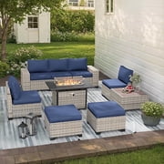 Muphyers 9 Pcs Patio Furniture Set with 55000BTU Propane Fire Pit Outdoor Rattan Sectional Sofa Set, Ottoman, Modular Wicker Patio Conversation Set, 4" Waterproof Cushions for Porch Balcony,Navy Blue