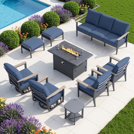 Muphyers 9 Piece Aluminum Outdoor Patio Furniture Set, 55000 BTU CSA Propane Fire Pit Table, 360° Swivel Rocker Sofa Set with Ottomans, All Weather for Backyard, Garden, Porch,Navy Blue