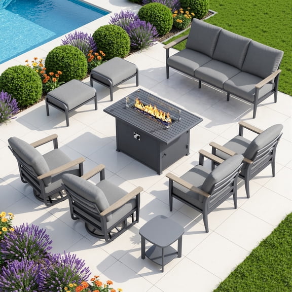 Muphyers 9 Piece Aluminum Outdoor Patio Furniture Set, 55000 BTU CSA Propane Fire Pit Table, 360° Swivel Rocker Sofa Set with Ottomans, All Weather for Backyard, Garden, Porch,Gray