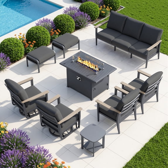Muphyers 9 Piece Aluminum Outdoor Patio Furniture Set, 55000 BTU CSA Propane Fire Pit Table, 360° Swivel Rocker Sofa Set with Ottomans, All Weather for Backyard, Garden, Porch,Black