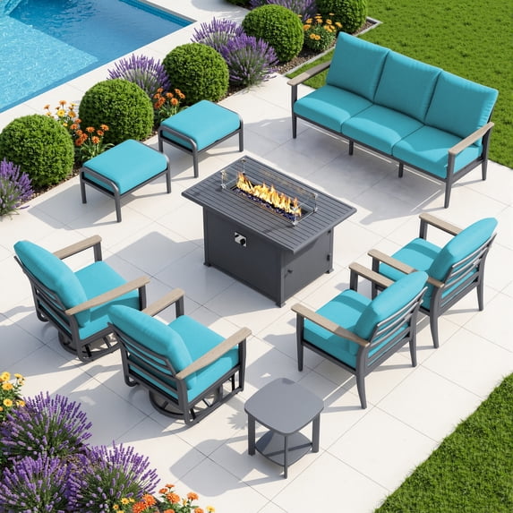 Muphyers 9 Piece Aluminum Outdoor Patio Furniture Set, 55000 BTU CSA Propane Fire Pit Table, 360° Swivel Rocker Sofa Set with Ottomans, All Weather for Backyard, Garden, Porch,Turquoise