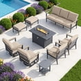 thumbnail image 1 of Muphyers 9 Piece Aluminum Outdoor Patio Furniture Set, 55000 BTU CSA Propane Fire Pit Table, 360° Swivel Rocker Sofa Set with Ottomans, All Weather for Backyard, Garden, Porch,Khaki, 1 of 12