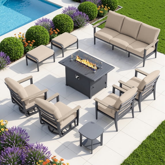 Muphyers 9 Piece Aluminum Outdoor Patio Furniture Set, 55000 BTU CSA Propane Fire Pit Table, 360° Swivel Rocker Sofa Set with Ottomans, All Weather for Backyard, Garden, Porch,Khaki