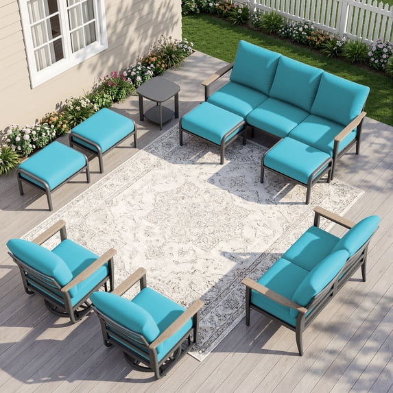 Muphyers 9 Piece Aluminum Patio Furniture Set, All Weather Patio Conversation Sets, Swivel Rocking Chairs and Ottomans, 5.1" Cushions Outdoor Couch for Porch, Garden, Backyard, Deck,Turquoise