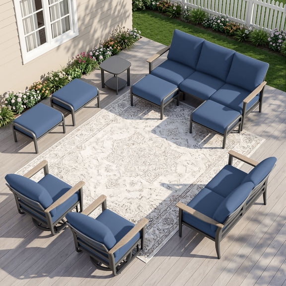 Muphyers 9 Piece Aluminum Patio Furniture Set, All Weather Patio Conversation Sets, Swivel Rocking Chairs and Ottomans, 5.1" Cushions Outdoor Couch for Porch, Garden, Backyard, Deck,Navy Blue