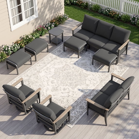 Muphyers 9 Piece Aluminum Patio Furniture Set, All Weather Patio Conversation Sets, Swivel Rocking Chairs and Ottomans, 5.1" Cushions Outdoor Couch for Porch, Garden, Backyard, Deck,Black