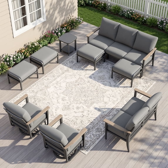 Muphyers 9 Piece Aluminum Patio Furniture Set, All Weather Patio Conversation Sets, Swivel Rocking Chairs and Ottomans, 5.1" Cushions Outdoor Couch for Porch, Garden, Backyard, Deck,Gray