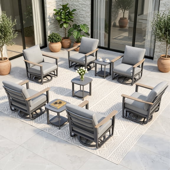 Muphyers 9 Piece Outdoor Patio Furniture Set, Aluminum Swivel Rocking Chair with 5.1" Cushions, 3.3" Armrest, Bistro Conversation Set with 3-in-1 Table for Garden Deck Porch Balcony,400lbs,Gray