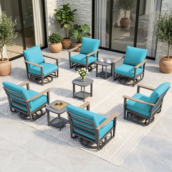 Muphyers 9 Piece Outdoor Patio Furniture Set, Aluminum Swivel Rocking Chair with 5.1" Cushions, 3.3" Armrest, Bistro Conversation Set with 3-in-1 Table for Garden Deck Porch Balcony,400lbs,Turquoise