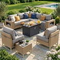 thumbnail image 1 of Muphyers 9 Piece Patio Furniture Conversation Set, 43 Inch 55,000 Aluminum Propane Fire Pit Table, All-Weather Wicker Rattan Sectional Sofa, Wooden Table, Wide Armrests for Deck Garden Yard,Brown, 1 of 14