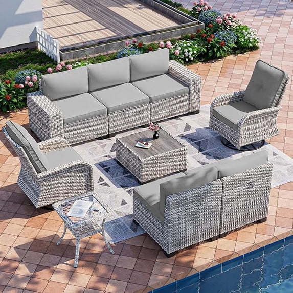 Muphyers 9 Piece All Weather Outdoor Furniture Set, Upgraded Double Rattan Patio Sectional Sofa & 360° Swivel Rocking Chairs, Conversation Set with Double Table for Backyard Garden Poolside,Gray