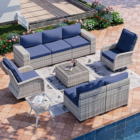 Muphyers 9 Piece All Weather Outdoor Furniture Set, Upgraded Double Rattan Patio Sectional Sofa & 360° Swivel Rocking Chairs, Conversation Set with Double Table for Backyard Garden Poolside,Navy Blue