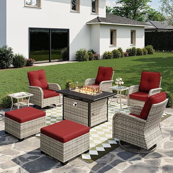 Muphyers 9-Piece Wicker Swivel Rocker Chairs Set with 55000BTU Fire Pit Table & Ottomans, All-Weather Outdoor Patio Furniture Set, Conversation Set for Backyard Porch Deck Garden,Red