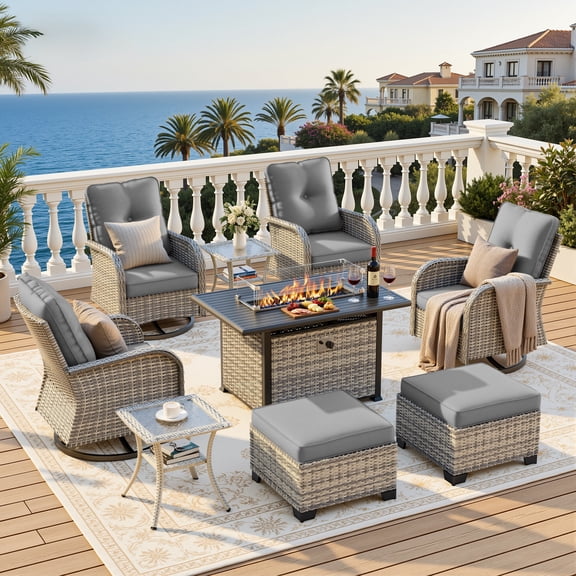 Muphyers 9-Piece Wicker Swivel Rocker Chairs Set with 55000BTU Fire Pit Table & Ottomans, All-Weather Outdoor Patio Furniture Set, Conversation Set for Backyard Porch Deck Garden,Gray