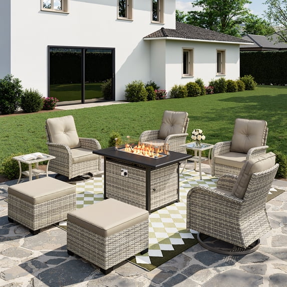 Muphyers 9-Piece Wicker Swivel Rocker Chairs Set with 55000BTU Fire Pit Table & Ottomans, All-Weather Outdoor Patio Furniture Set, Conversation Set for Backyard Porch Deck Garden,Khaki