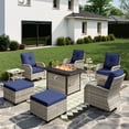 thumbnail image 1 of Muphyers 9-Piece Wicker Swivel Rocker Chairs Set with 55000BTU Fire Pit Table & Ottomans, All-Weather Outdoor Patio Furniture Set, Conversation Set for Backyard Porch Deck Garden,Navy Blue, 1 of 11