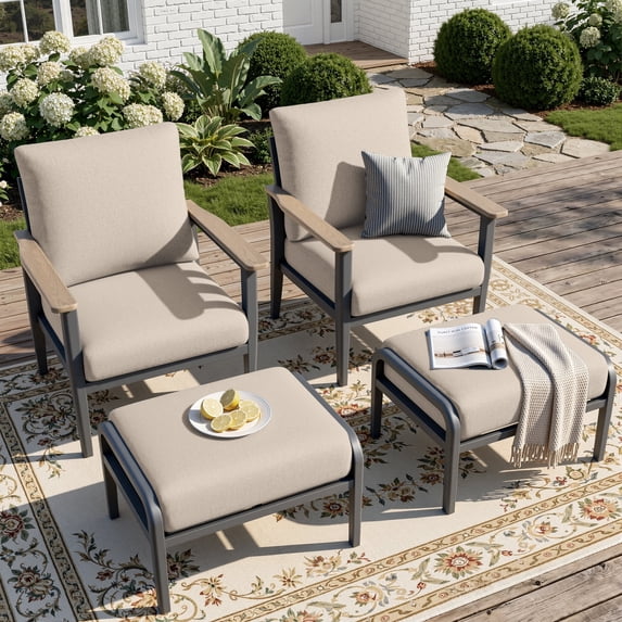 Muphyers Aluminum Patio Chairs with Ottomans, 4-Piece Outdoor Patio Furniture Set with 5.1" Cushions, Heavy Duty Armchairs with Footrests, Rust-Resistant Dining Chairs for Lawn Deck Porch,Khaki