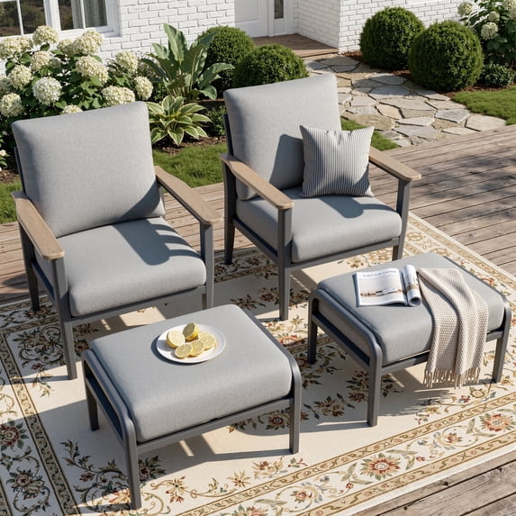 Muphyers Aluminum Patio Chairs with Ottomans, 4-Piece Outdoor Patio Furniture Set with 5.1" Cushions, Heavy Duty Armchairs with Footrests, Rust-Resistant Dining Chairs for Lawn Deck Porch,Gray