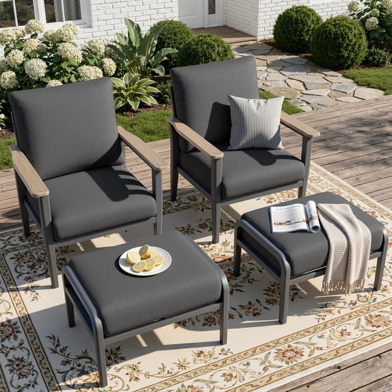 Muphyers Aluminum Patio Chairs with Ottomans, 4-Piece Outdoor Patio Furniture Set with 5.1" Cushions, Heavy Duty Armchairs with Footrests, Rust-Resistant Dining Chairs for Lawn Deck Porch,Black