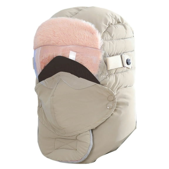 Mupvlun 2 In One Windproof Full Cover Outdoor Riding Winter Sports with Thermal Thick Hat and Protective Glasses for Skiing and Hiking Khaki