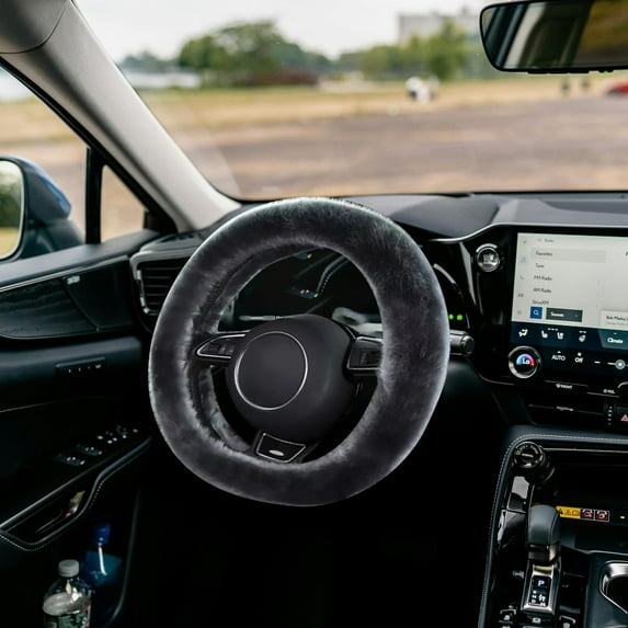 Mupvlun 38cm Winter Plush Car Steering Wheel Cover for 16 Inch Steering Wheels, Non- Grip, Lined for Cold Weather B