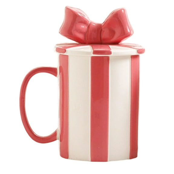 Mupvlun 3D Bowknot Decorative Ceramic Mug - Gift Box Striped Lidded Cup, Hot & Cold Drinkware for Coffee/Milk | Valentine's Day Gift & Everyday Use Pink