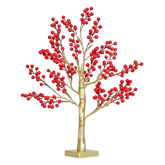 Mupvlun Red Berry Blossom Tree, Artificial Berries Tree with 24 LED Lights, Bonsai Trees Night Light for Thanksgiving Christmas, Home, Party, Gift