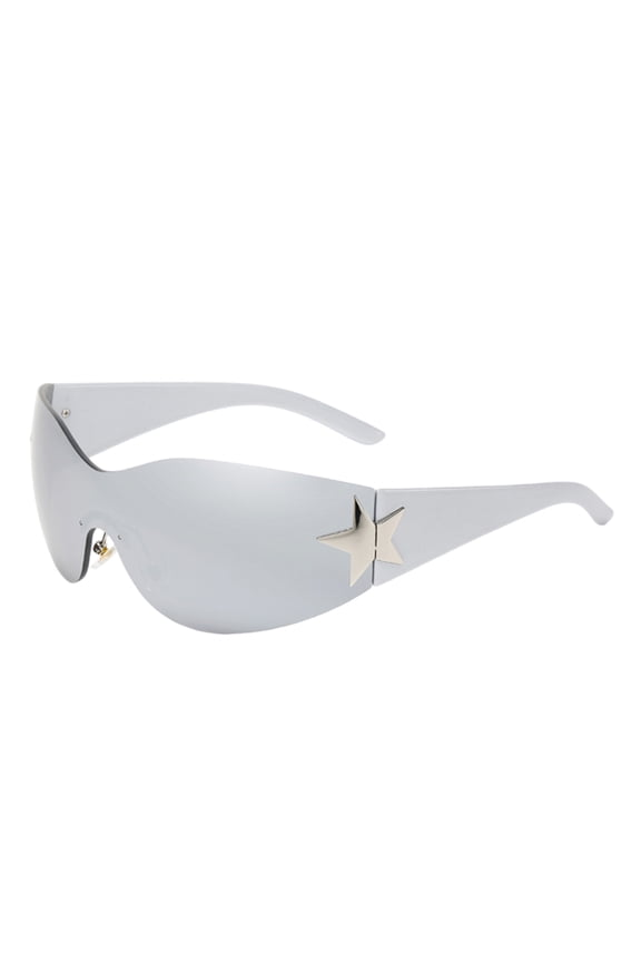 Rimless Y2K Sunglasses Star Wrap Around Glasses 2000S Accessories for Women Men Trendy Fashion Cool Shield Shades Silver