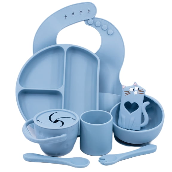 Muqee Peeko Carolina Blue Silicone Baby and Toddler Self-Eating food Plates Set with Utensils (8 Piece Set)